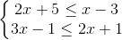 \left\{\begin{matrix} 2x+5\leq x-3\\3x-1\leq 2x+1 \end{matrix}\right.