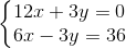 \left\{\begin{matrix} 12x+3y=0\\6x-3y=36 \end{matrix}\right.